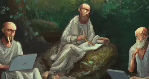 Happy ancient greece philosophers sitting on stones, from different nationalities and ages, in a shimmering overgrown forest, write in papyrus and laptops, painting style.